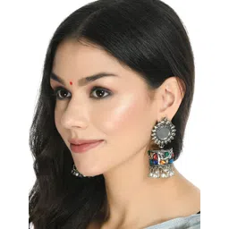 JOHARKAMAL Silver-Pated Artificial Stones Studded & Pearls Beaded Dome Shaped Jhumkas-picture-20