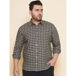 John Pride Plus Size Gingham Checked Spread Collar Cotton Casual Shirt-picture-28