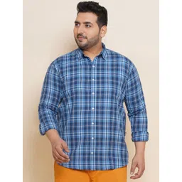 John Pride Plus Size Spread Collar Tartan Checks Cotton Casual Shirt-picture-22