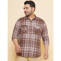 John Pride Plus Size Tartan Checked Spread Collar Cotton Casual Shirt-picture-35