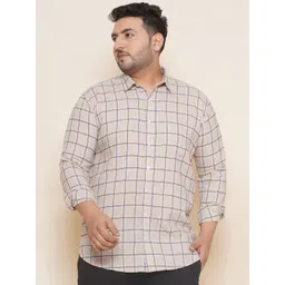John Pride Plus Size Windowpane Checks Checked Spread Collar Pure Cotton Casual Shirt-picture-34
