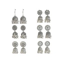 JollyStar Set Of 6 Silver Plated Artificial Beaded Dome Shaped Oxidized Jhumkas-picture-25