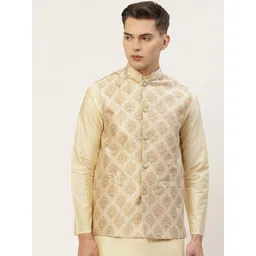 Jompers Cream Ethnic Motifs Printed Regular Fit Silk Blend Nehru Jacket-picture-17