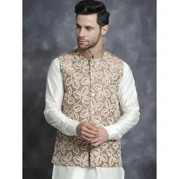 Jompers Embroidered Mandarin Collar Sleeveless Silk Cotton Nehru Jacket-picture-31
