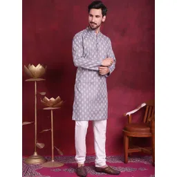 Jompers Ethnic Motifs Printed Band Collar Pure Cotton Straight Kurta with Churidar-picture-25