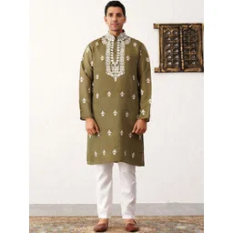 Jompers Floral Embroidered Mandarin Collar Chikankari Straight Kurta with Pyjamas-picture-20