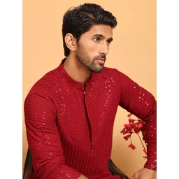 Jompers Floral Embroidered Mandarin Collar Sequinned Straight Kurta With Pyjama-picture-29