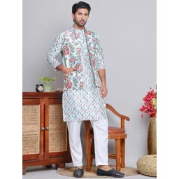 Jompers Floral Printed Mandarin Collar Kurta With Pyjamas & Nehru jacket-picture-15