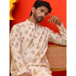 Jompers Floral Printed Mandarin Collar Silk Cotton Straight Kurta-picture-38