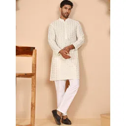 Jompers Geometric Embroidered Mandarin Collar Pure Cotton Straight Kurta With Pyjamas-picture-10