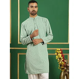Jompers Geometric Embroidered Mandarin Collar Sequined Pure Cotton Straight Kurta-picture-36