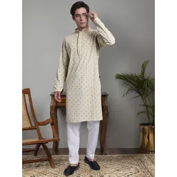 Jompers Geometric Embroidered Mandarin Collar Thread Work Pure Cotton Kurta with Trousers-picture-14