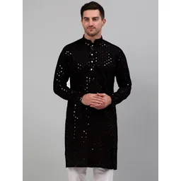 Jompers Geometric Embroidered Sequined Mandarin Collar Pure Cotton Kurta-picture-13