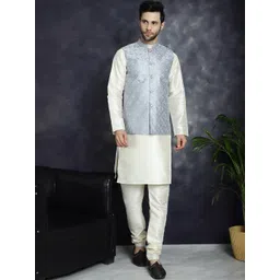 Jompers Mandarin Collar Regular Kurta With Churidar & Embroidered Nehru Jacket-picture-38