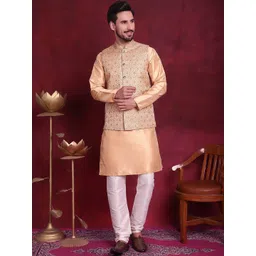 Jompers Mandarin Collar Regular Kurta With Churidar & Woven Design Nehru Jacket-picture-13
