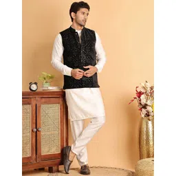 Jompers Mandarin Collar Velvet Straight Kurta With Pyjama & Nehru Jacket-picture-30