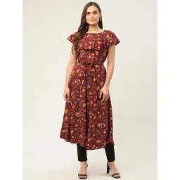 Jompers Maroon Pure Cotton Floral Print Flared Kurta-picture-17