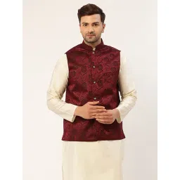 Jompers Maroon Regular Fit Self Pattern Nehru Jacket-picture-14