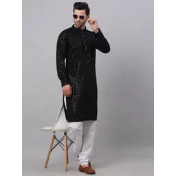 Jompers Men Black Floral Embroidered Chikankari Pure Cotton Kurta with Churidar-picture-19