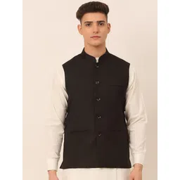 Jompers Men Black Solid Woven Sleeveless Nehru Jackets-picture-32