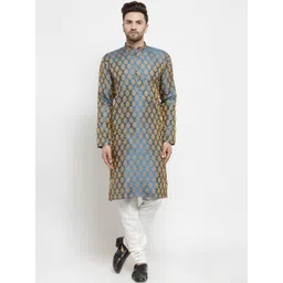 Jompers Men Blue & Gold-Toned Self Design Kurta with Churidar-picture-39