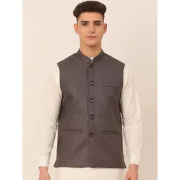 Jompers Men Charcoal Black Solid Woven Nehru Jackets-picture-37