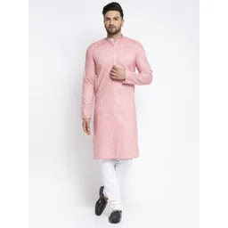 Jompers Men Coral Pink & White Self Design Kurta with Pyjamas-picture-33