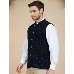 Jompers Men Embroidered Sequins Velvet Nehru Jacket-image-32