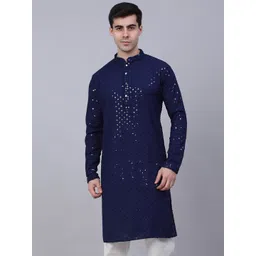 Jompers Men Ethnic Motifs Mirror Work Indigo Cotton Kurta-picture-23
