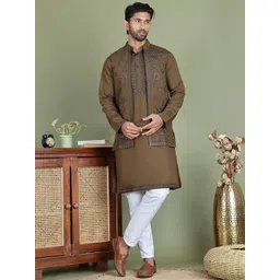 Jompers Men Floral Embroidered Mandarin Collar Kurta with Pyjamas With Nehru jacket-picture-25