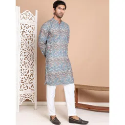 Jompers Men Floral Printed Regular Thread Work Pure Cotton Kurta with Pyjamas-picture-20
