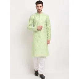 Jompers Men Green Ethnic Motifs Printed Regular Dupion Silk Kurta with Pyjamas-picture-18