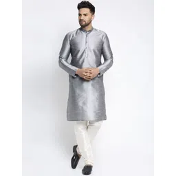 Jompers Men Grey and White Dupion Silk Kurta with Pyjamas-picture-29