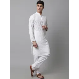 Jompers Men Leheriya Embroidered Chikankari Pure Cotton Kurta with Pyjamas-picture-41