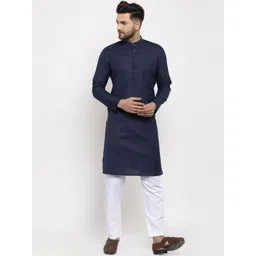 Jompers Men Navy Blue Angrakha Pure Cotton Kurta with Pyjamas-image-2