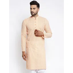 Jompers Men Orange & White Embroidered Cotton Kurta-picture-33