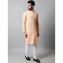 Jompers Men Peach-Coloured & White Embroidered Kurta with Pyjamas-picture-18