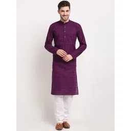 Jompers Men Purple Embroidered Chikankari Pure Cotton Kurta with Pyjamas-picture-24