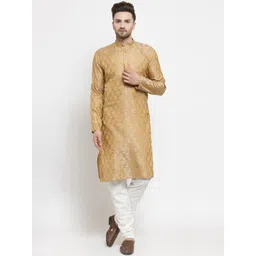 Jompers Men Silver-Coloured & Yellow Self Design Kurta with Churidar-picture-38
