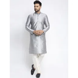 Jompers Men Silver-Toned & White Self Design Kurta with Pyjamas-picture-37