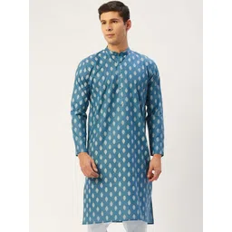 Jompers Men Teal Blue & White Ethnic Motifs Kurta-picture-12