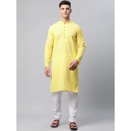 Jompers Men Yellow Chikankari Pure Cotton Kurta with Pyjamas-picture-16