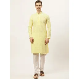 Jompers Men Yellow Ethnic Motifs Embroidered Thread Work Pure Cotton Kurta with Churidar-picture-29
