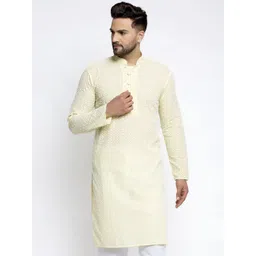 Jompers Men Yellow Floral Embroidered Thread Work Kurta-picture-24