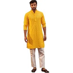 jompers Men's Yellow Chikankari Embroidered and Sequence Kurta with Pyjama-picture-10