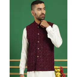 Jompers Sequin Embroidered Mandarin Collar Sleeveless Velvet Nehru Jacket-picture-32