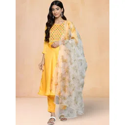 Jompers Women Floral Embroidered Regular Mirror Work Kurta Set With Dupatta-picture-11