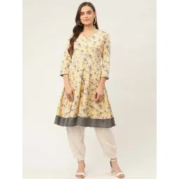 Jompers Yellow Pure Cotton Floral Print Flared Kurta-picture-32
