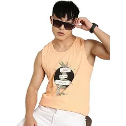 joven Men's Scoop Neck Sleeveless Orange Printed Casual Pure Cotton Vest-picture-17