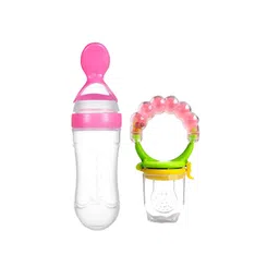 Joy Buzz Kids Set Of 2 Baby Squeezy Bottle & Rattle Fruit Nibbler Food Feeder - Pink-picture-14